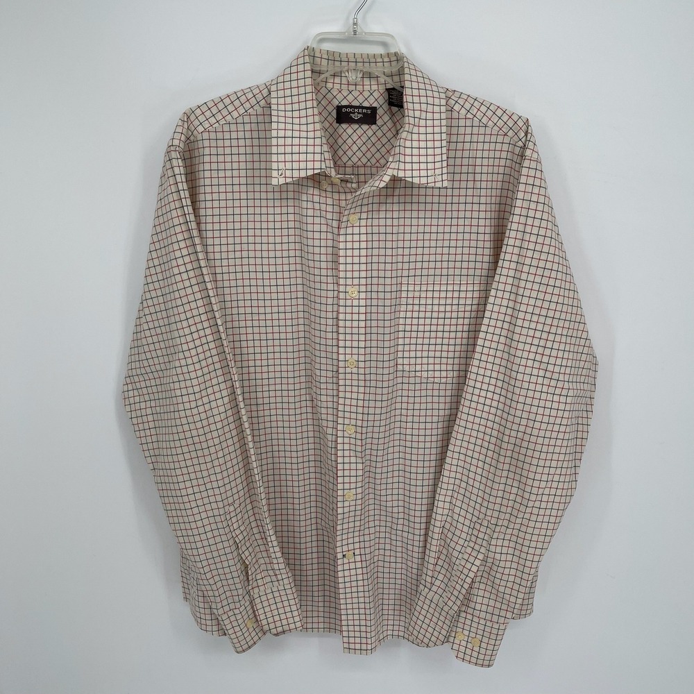 Dockers Men's Beige‎ Tattersall Plaid Long Sleeve Button Up Casual Shirt Size XL